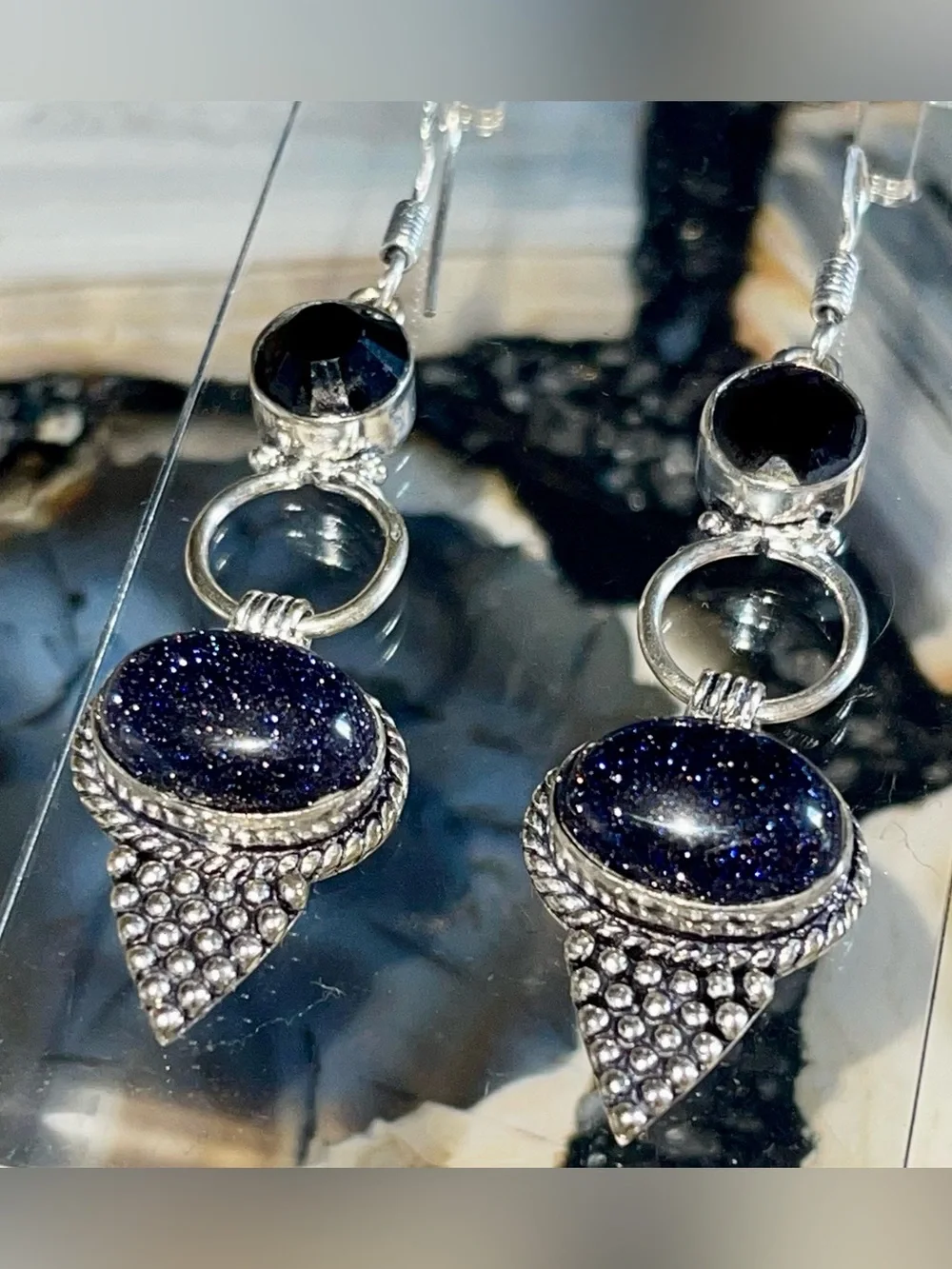 Deep Sparkly Bluestone Sandstone Earrings 2 1/2”